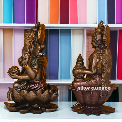 Bronze Lakshmi Ganesh Statue Sitting on Lotus Flower | 18.5 CM Height Nikuressence