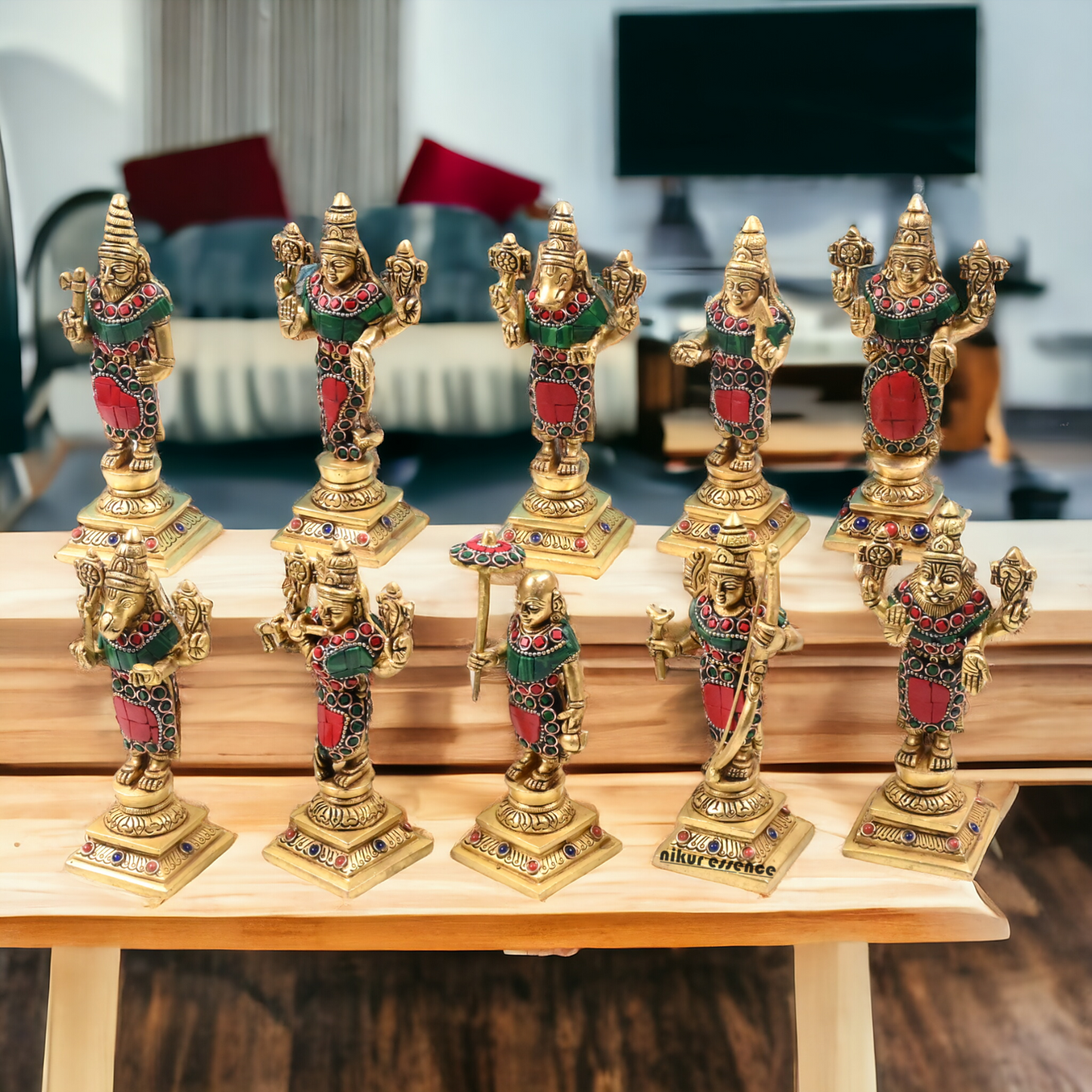 Brass Vishnu Dashavatar in stone work 6 inch- nikur essence Nikuressence