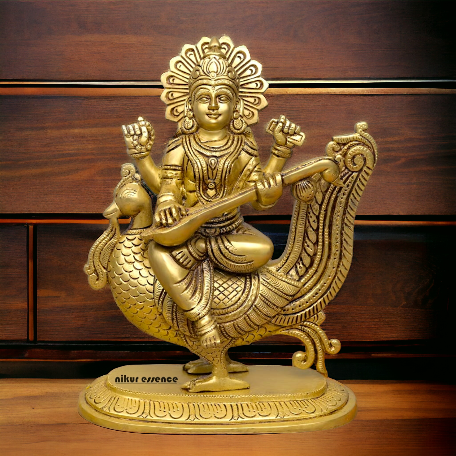 Goddess Saraswati Sitting on Swan playing Veena Solid Brass Idol - 10 Inches Nikuressence