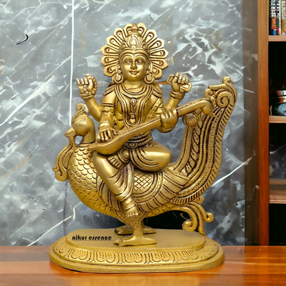 Goddess Saraswati Sitting on Swan playing Veena Solid Brass Idol - 10 Inches Nikuressence