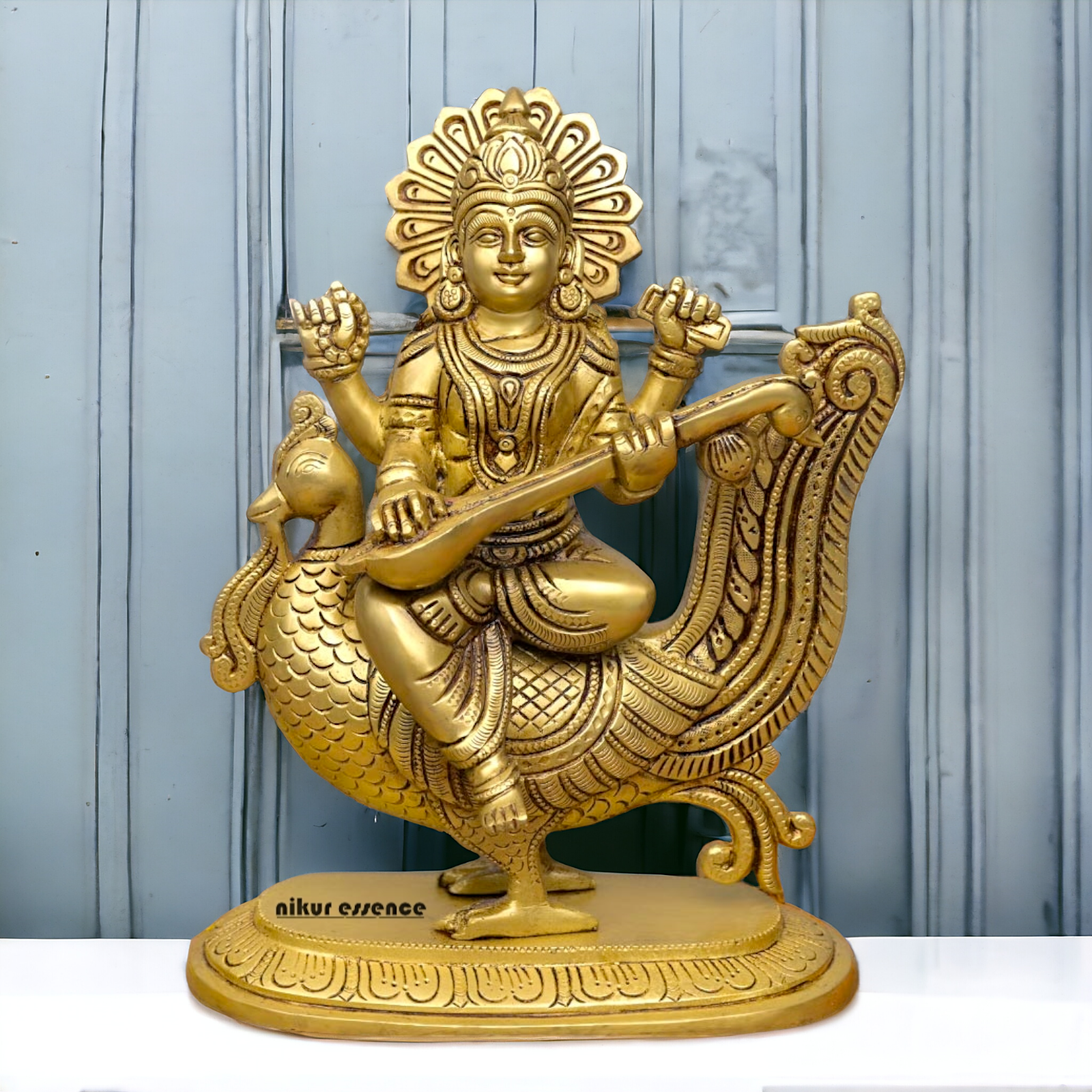 Goddess Saraswati Sitting on Swan playing Veena Solid Brass Idol - 10 Inches Nikuressence