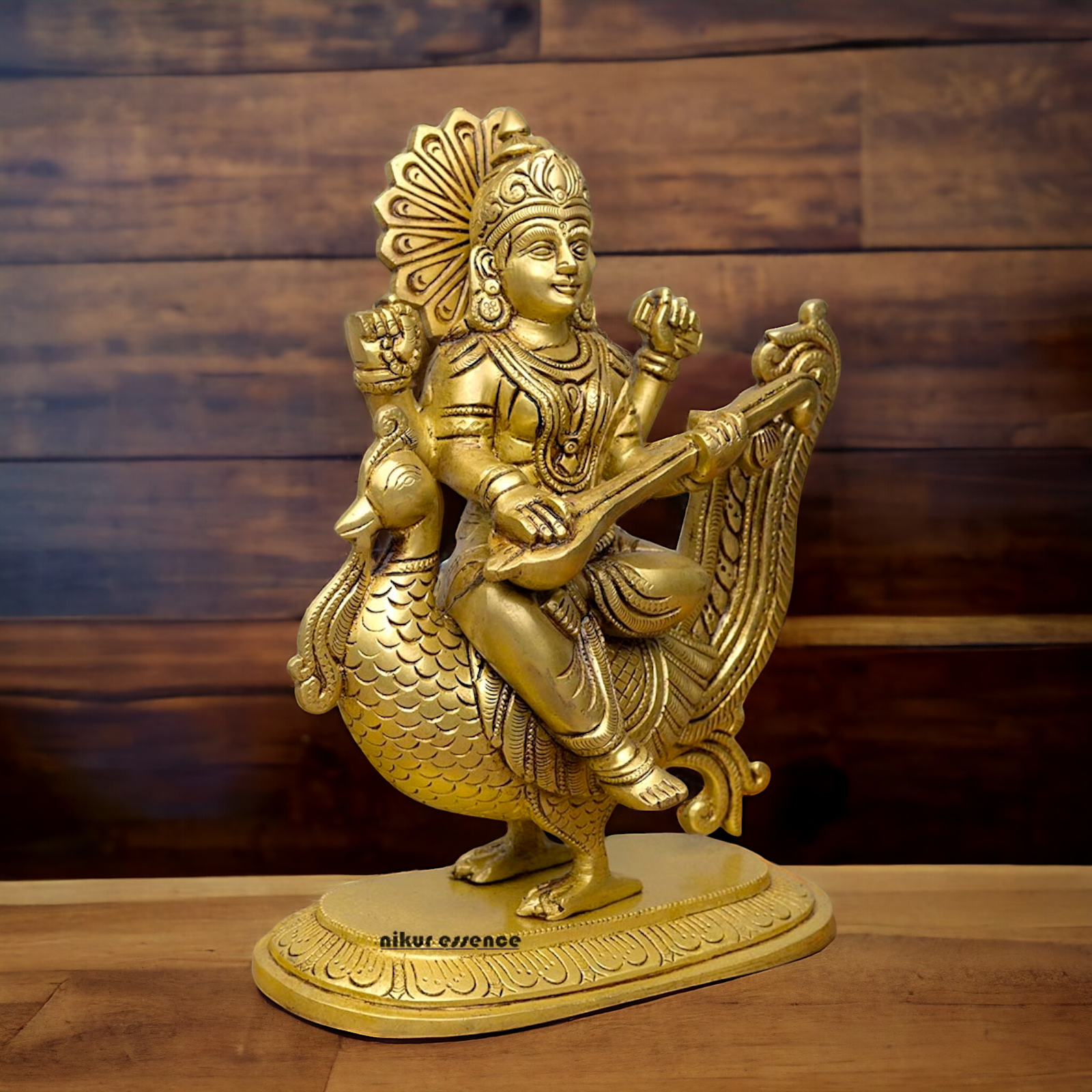Goddess Saraswati Sitting on Swan playing Veena Solid Brass Idol - 10 Inches Nikuressence