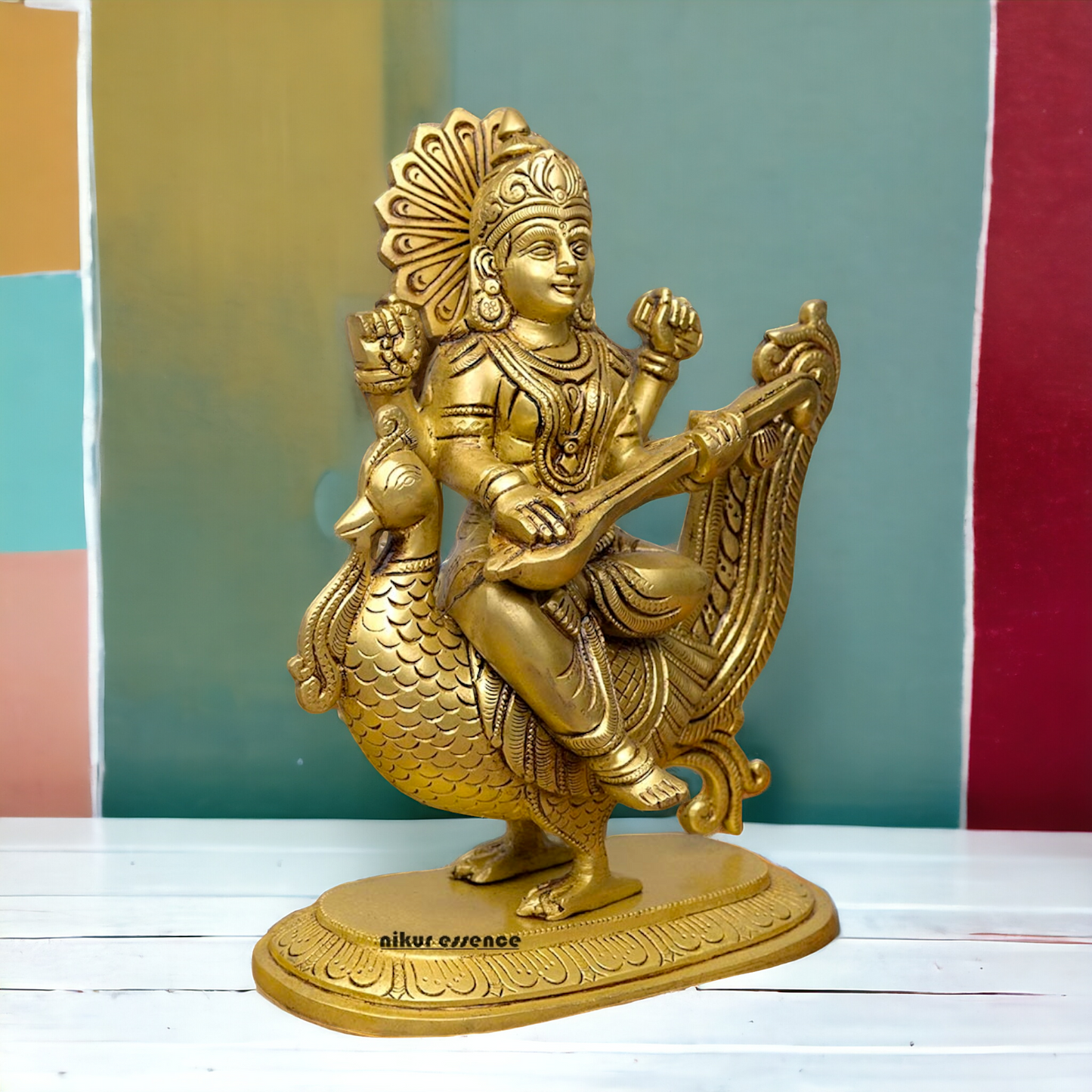 Goddess Saraswati Sitting on Swan playing Veena Solid Brass Idol - 10 Inches Nikuressence
