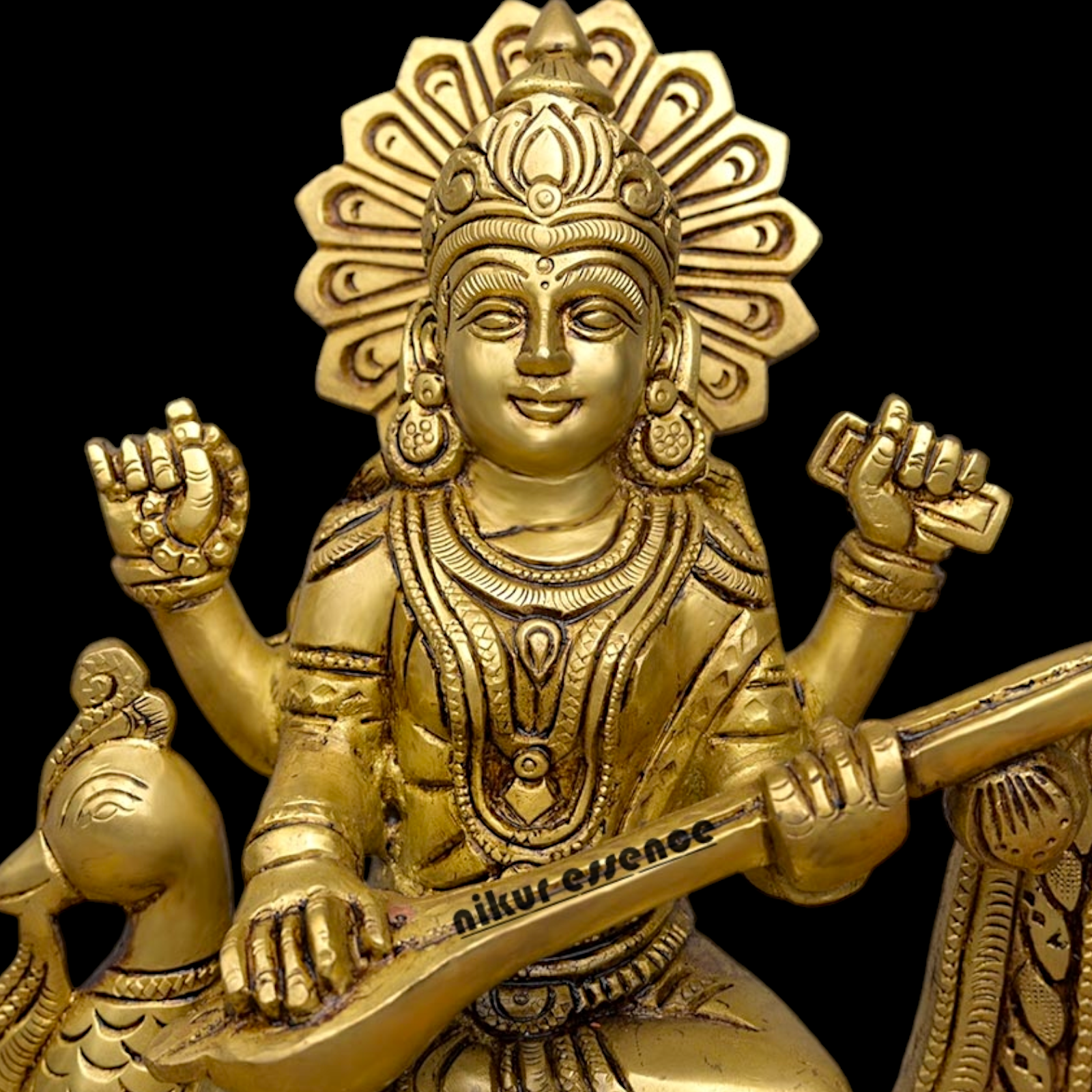 Goddess Saraswati Sitting on Swan playing Veena Solid Brass Idol - 10 Inches Nikuressence