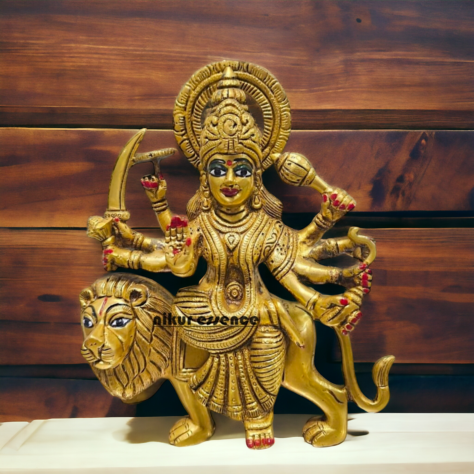 Solid Brass Durga Maa Sitting on lion Idol - 9 inches Nikuressence