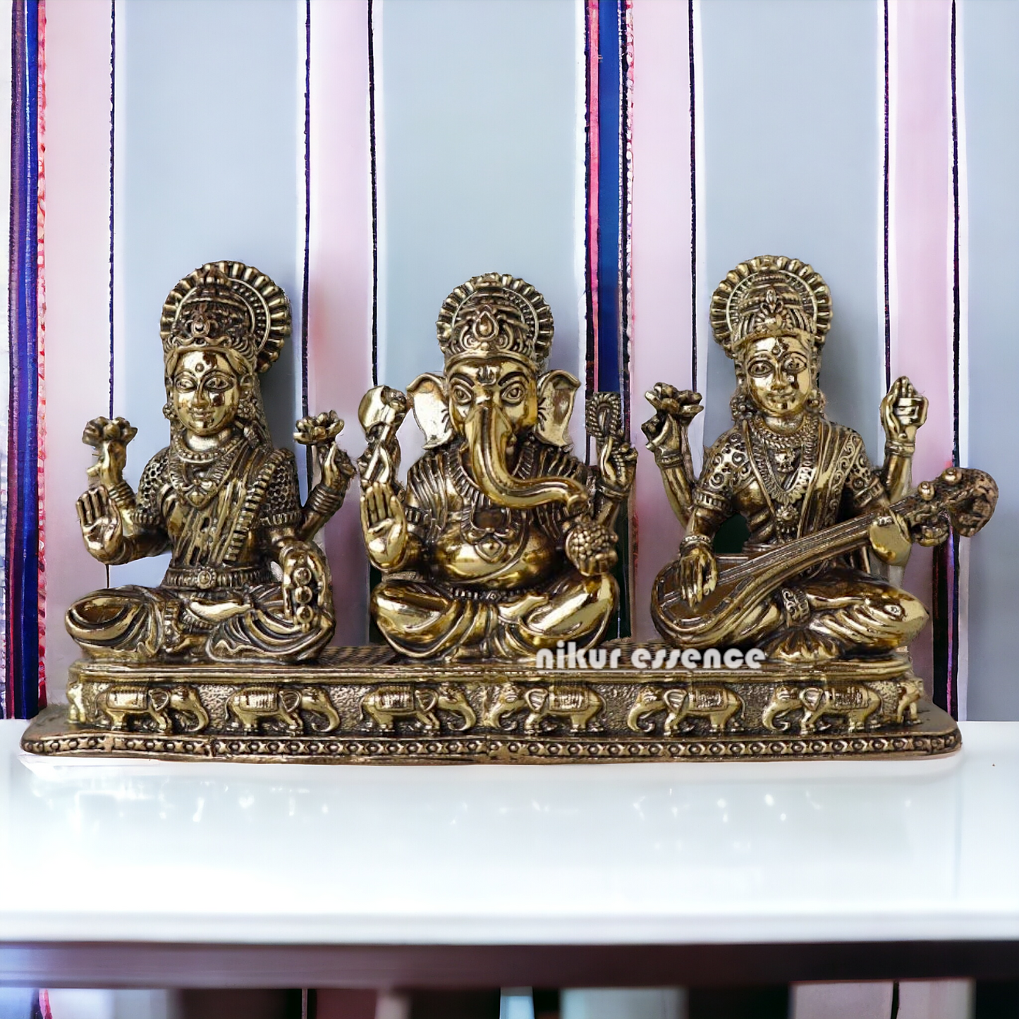 Buy Superfine Brass Ganesh Lakshmi Saraswati Sitting Idol - 2.756 inches Nikuressence