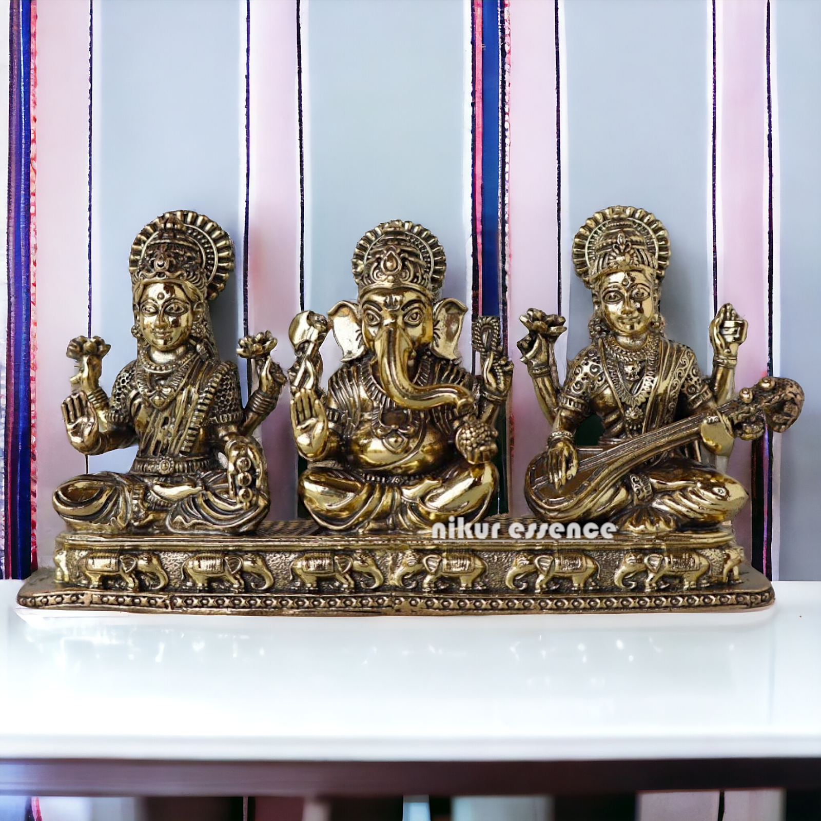 Buy Superfine Brass Ganesh Lakshmi Saraswati Sitting Idol - 2.756 inches Nikuressence