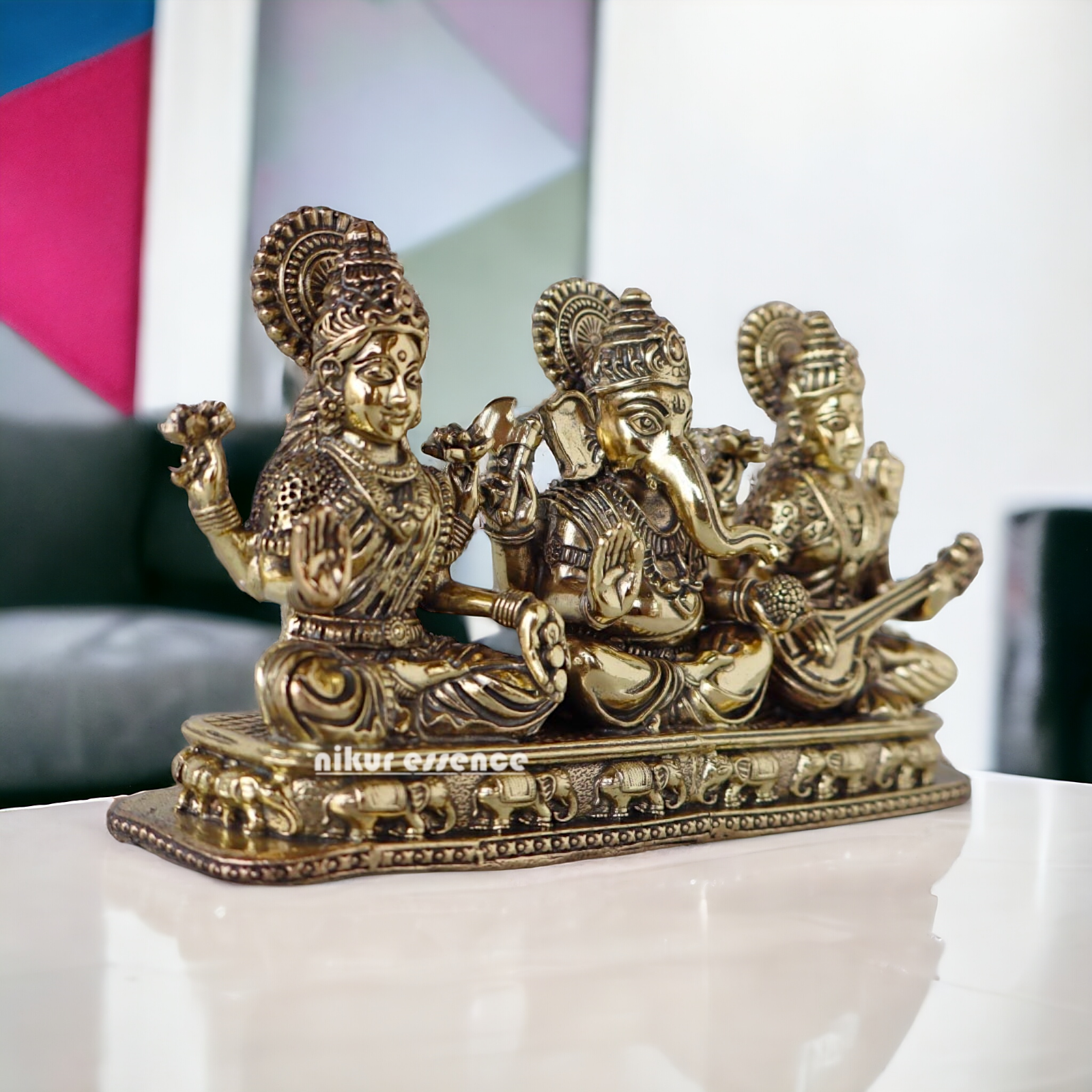 Buy Superfine Brass Ganesh Lakshmi Saraswati Sitting Idol - 2.756 inches Nikuressence