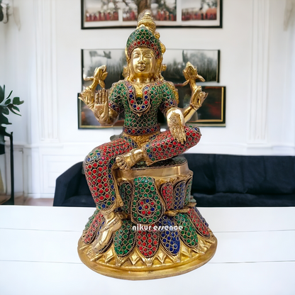 Shop Brass Lakshmi Maa Sitting Idol with Stone Work - 15 inches Nikuressence