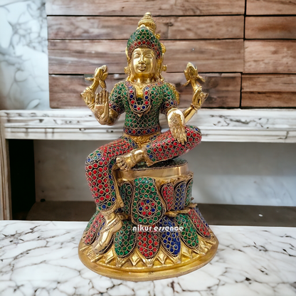 Shop Brass Lakshmi Maa Sitting Idol with Stone Work - 15 inches Nikuressence