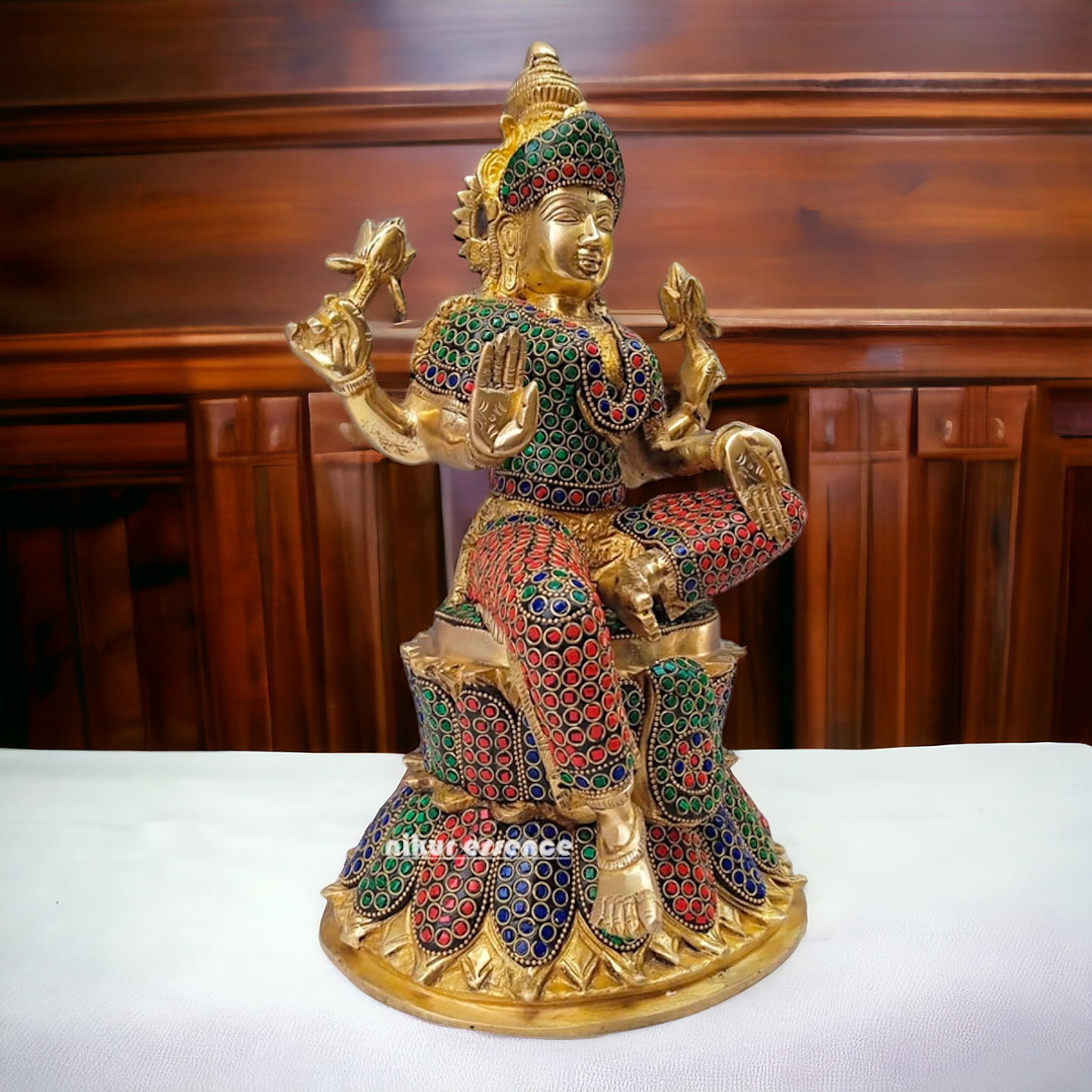 Shop Brass Lakshmi Maa Sitting Idol with Stone Work - 15 inches Nikuressence