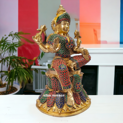 Shop Brass Lakshmi Maa Sitting Idol with Stone Work - 15 inches Nikuressence