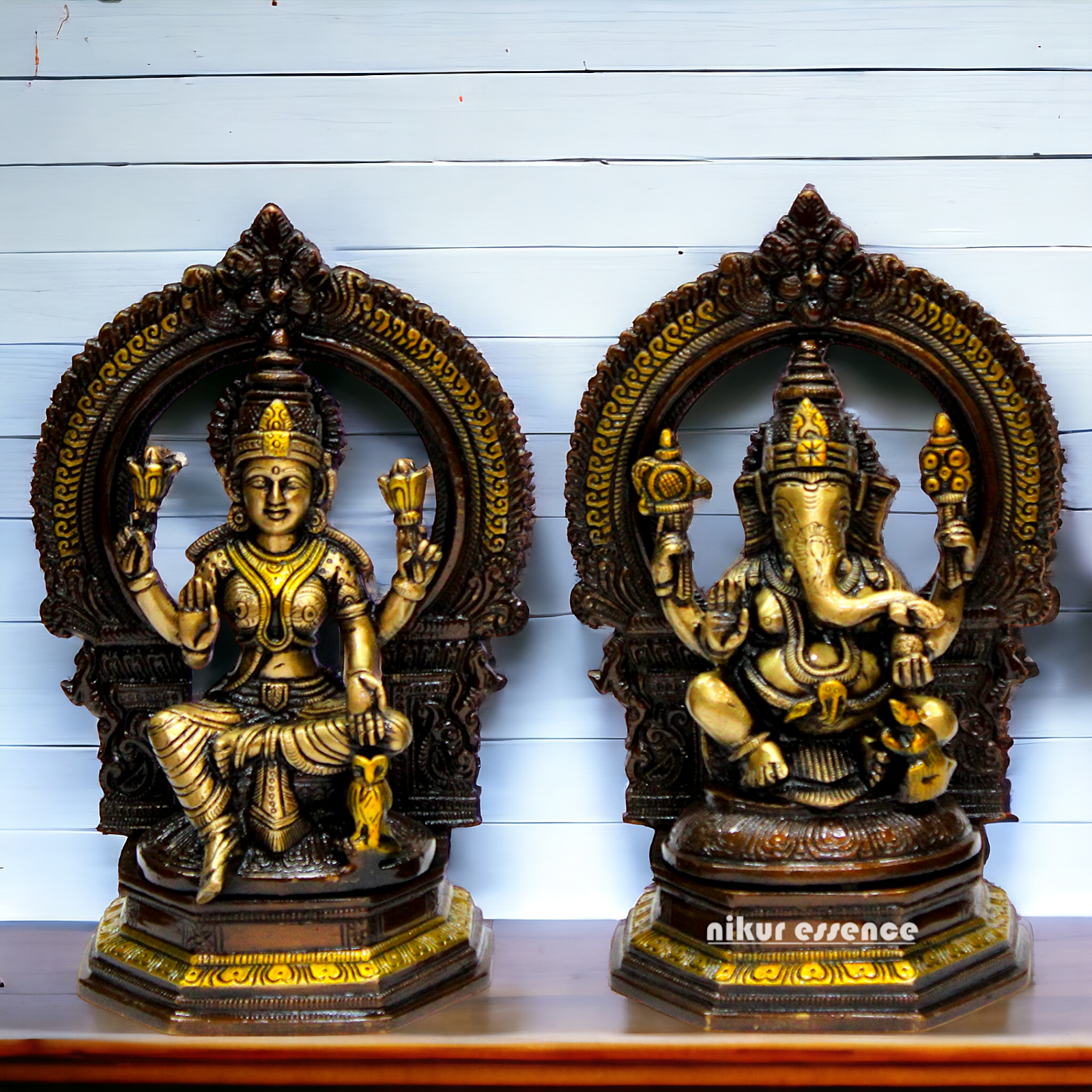 Goddess Brass Lakshmi Ganesh Sitting Beautiful Idol - 9.75 inches Nikuressence