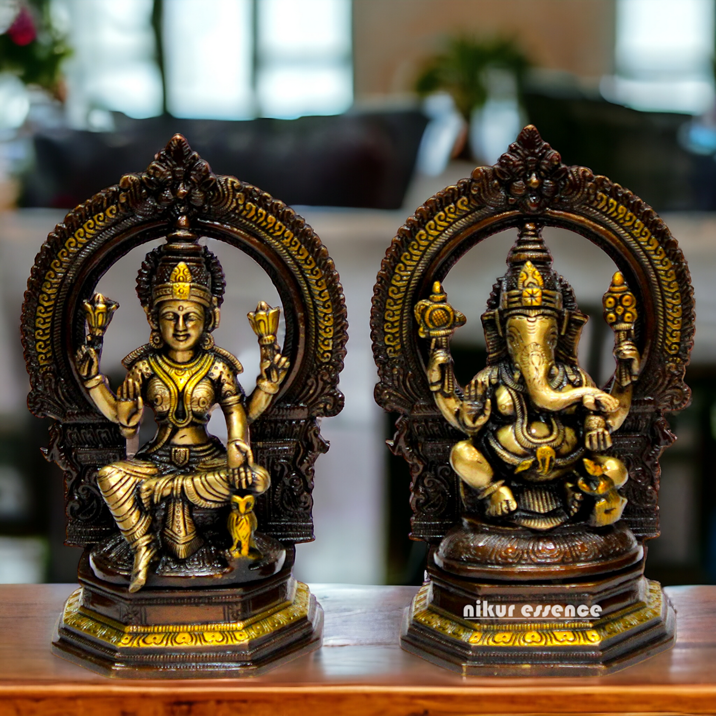 Goddess Brass Lakshmi Ganesh Sitting Beautiful Idol - 9.75 inches Nikuressence