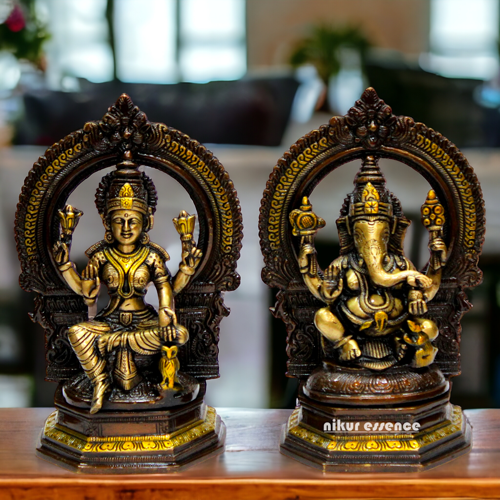 Goddess Brass Lakshmi Ganesh Sitting Beautiful Idol - 9.75 inches Nikuressence