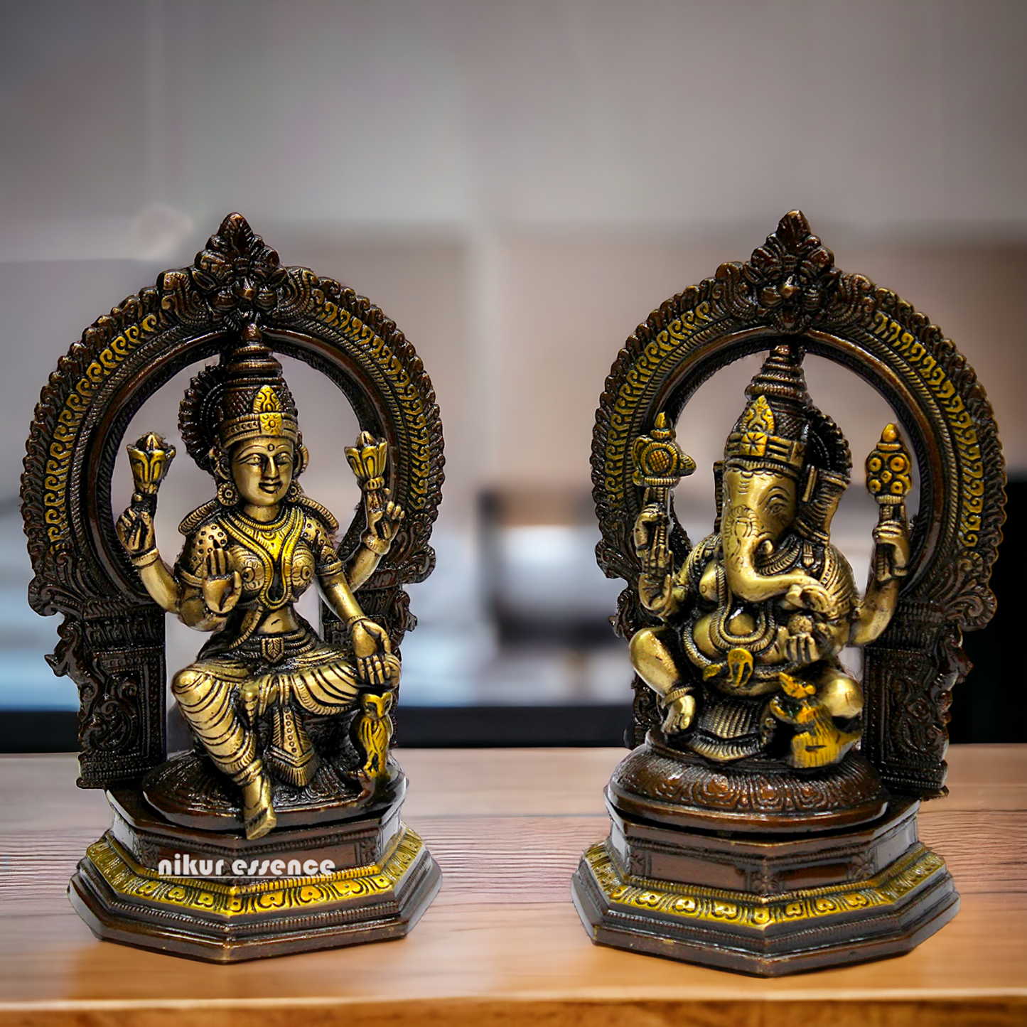 Goddess Brass Lakshmi Ganesh Sitting Beautiful Idol - 9.75 inches Nikuressence