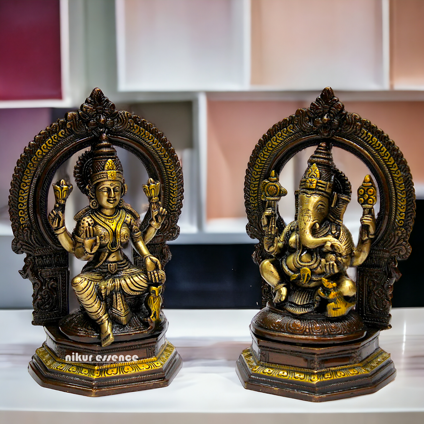 Goddess Brass Lakshmi Ganesh Sitting Beautiful Idol - 9.75 inches Nikuressence