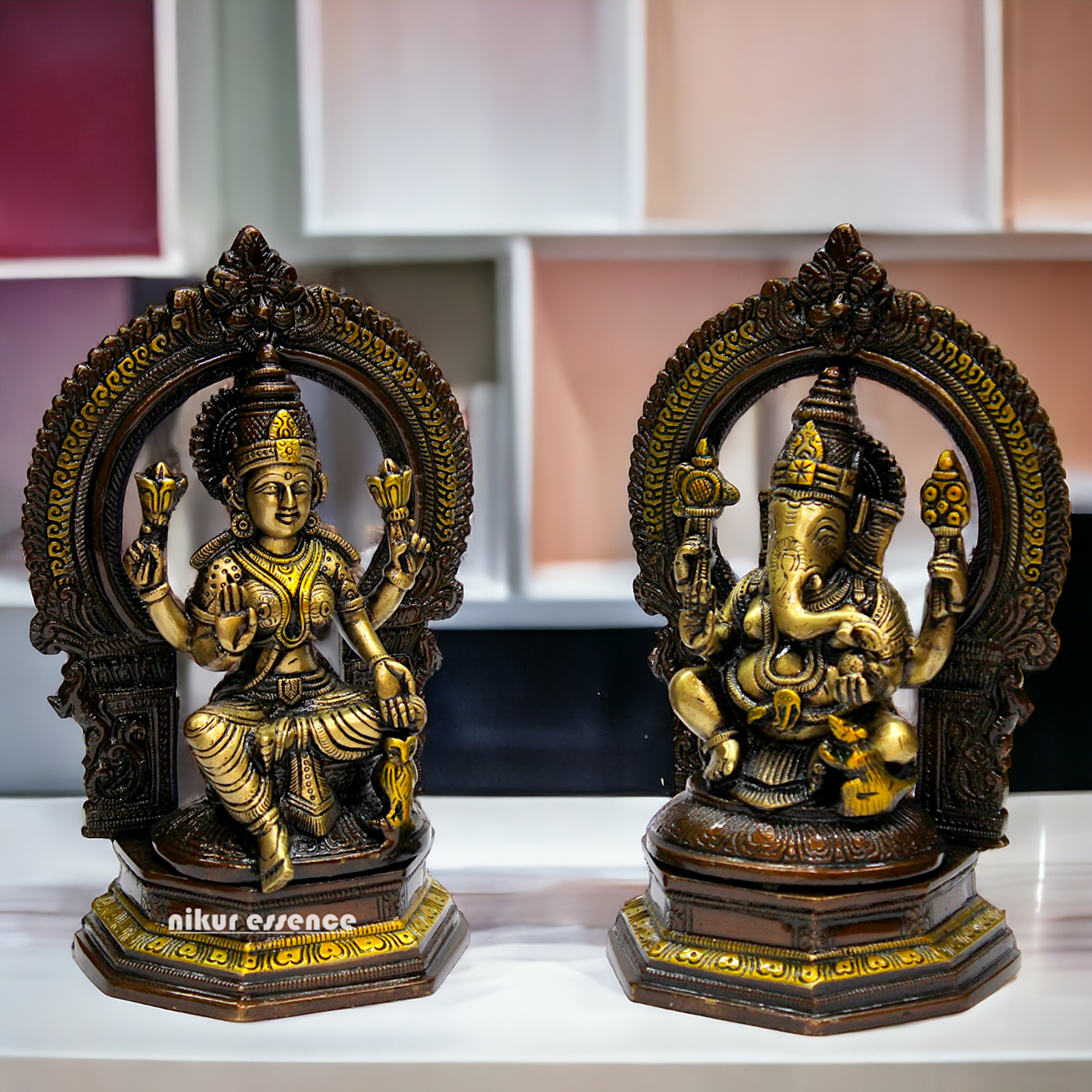 Goddess Brass Lakshmi Ganesh Sitting Beautiful Idol - 9.75 inches Nikuressence