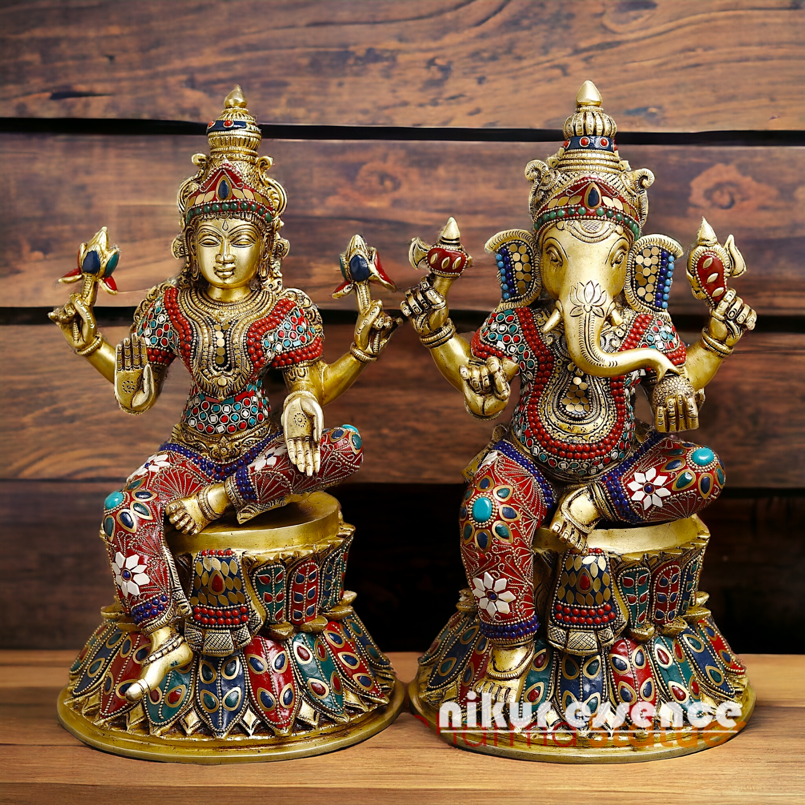 Shop Large Brass Ganesh Maha Lakshmi Sitting with stone work Idol - 14.5 inches Nikuressence