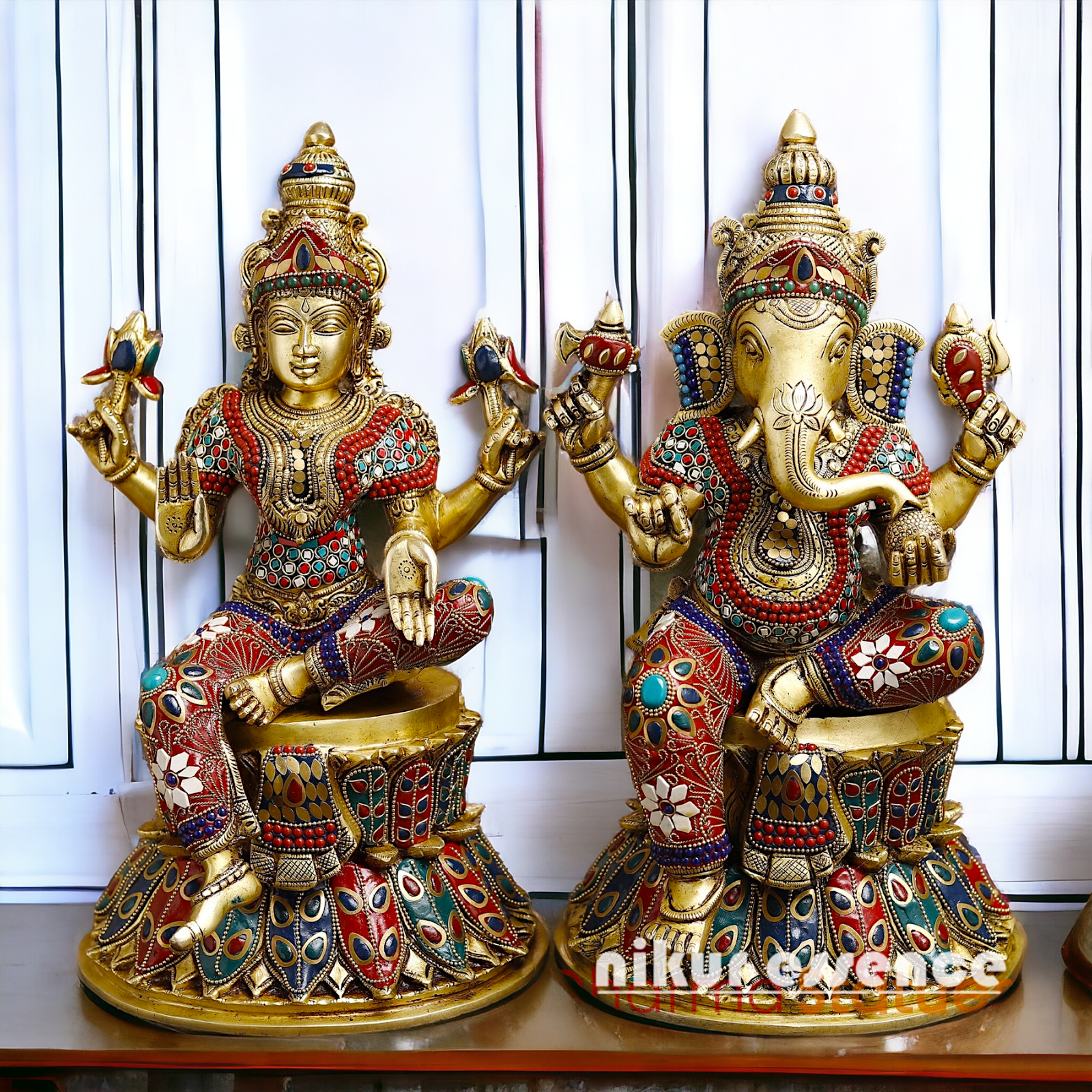 Shop Large Brass Ganesh Maha Lakshmi Sitting with stone work Idol - 14.5 inches Nikuressence