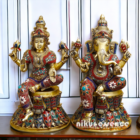 Shop Large Brass Ganesh Maha Lakshmi Sitting with stone work Idol - 14.5 inches Nikuressence