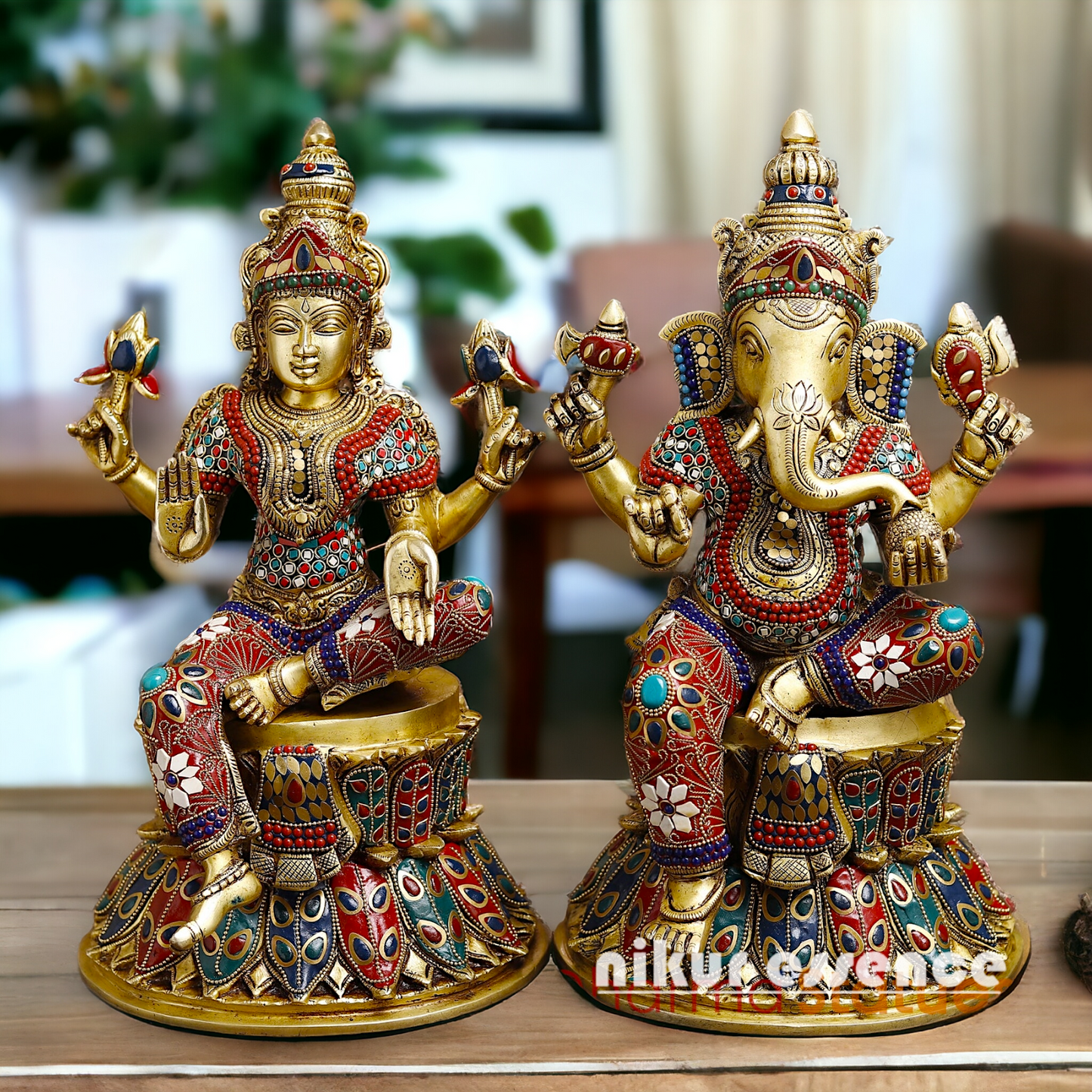 Shop Large Brass Ganesh Maha Lakshmi Sitting with stone work Idol - 14.5 inches Nikuressence