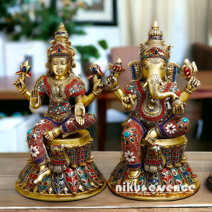 Shop Large Brass Ganesh Maha Lakshmi Sitting with stone work Idol - 14.5 inches Nikuressence