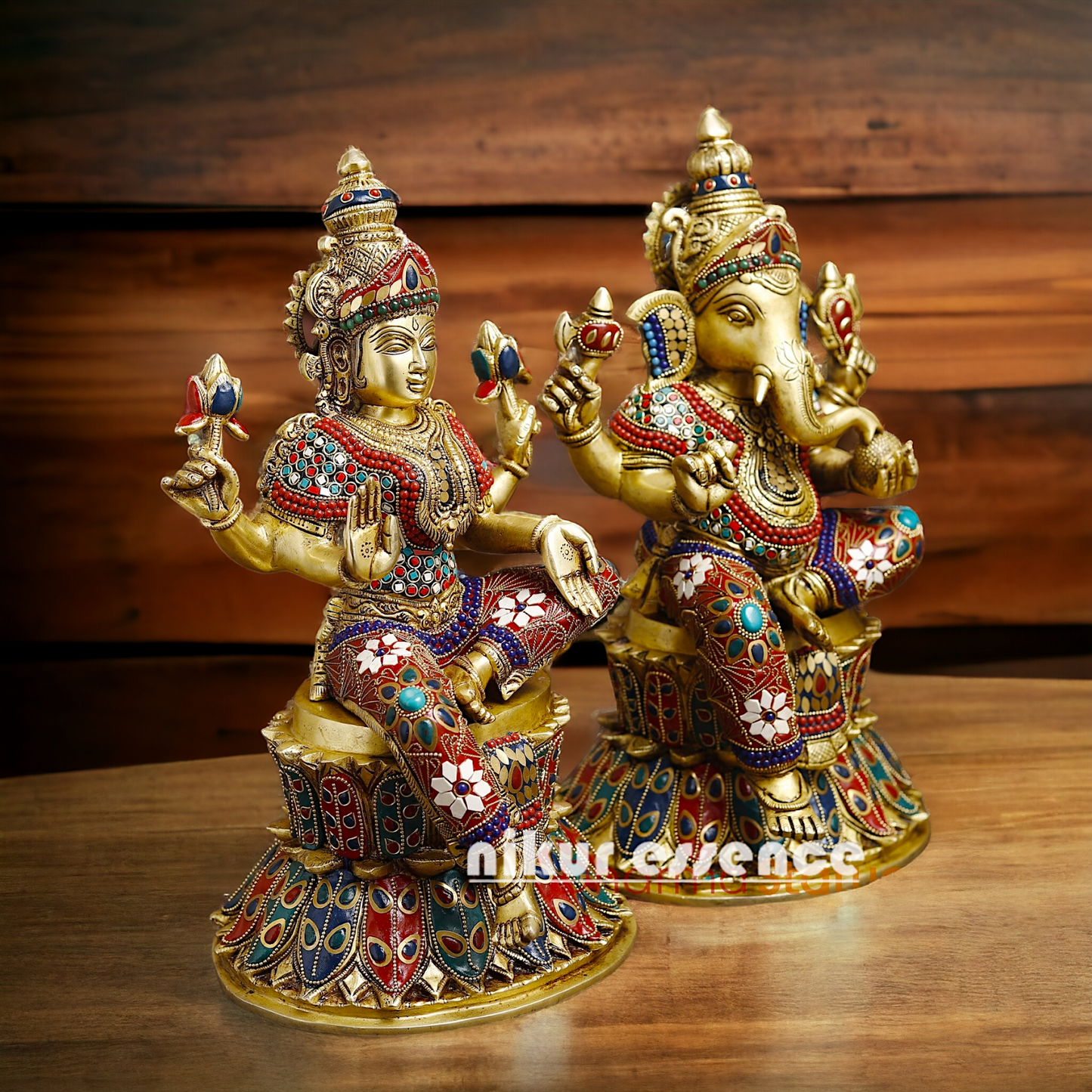 Shop Large Brass Ganesh Maha Lakshmi Sitting with stone work Idol - 14.5 inches Nikuressence