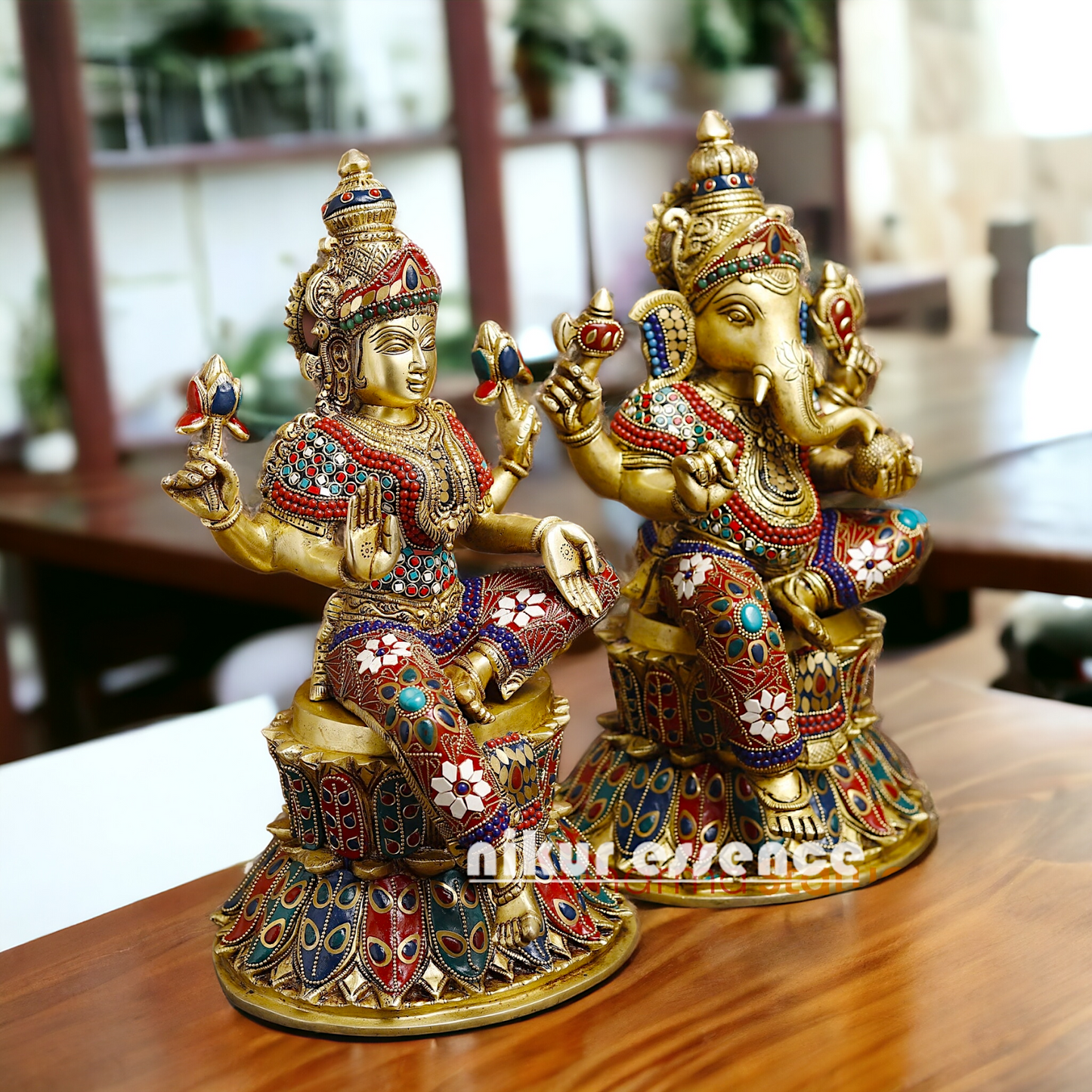 Shop Large Brass Ganesh Maha Lakshmi Sitting with stone work Idol - 14.5 inches Nikuressence