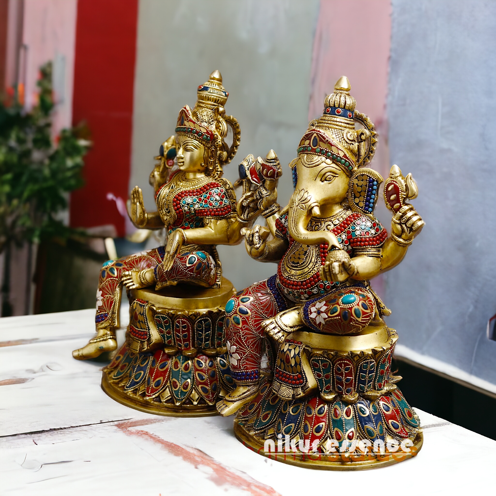 Shop Large Brass Ganesh Maha Lakshmi Sitting with stone work Idol - 14.5 inches Nikuressence