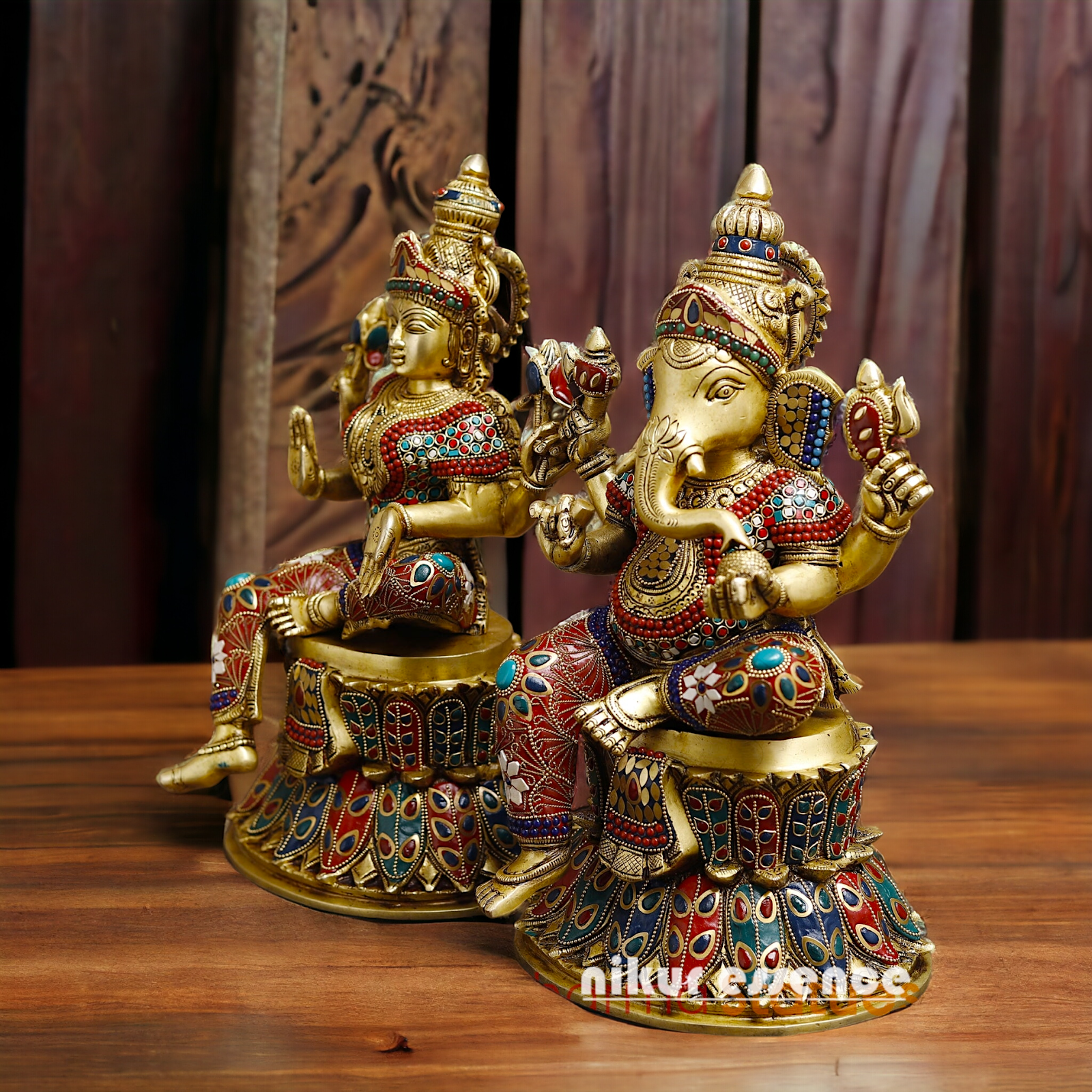 Shop Large Brass Ganesh Maha Lakshmi Sitting with stone work Idol - 14.5 inches Nikuressence