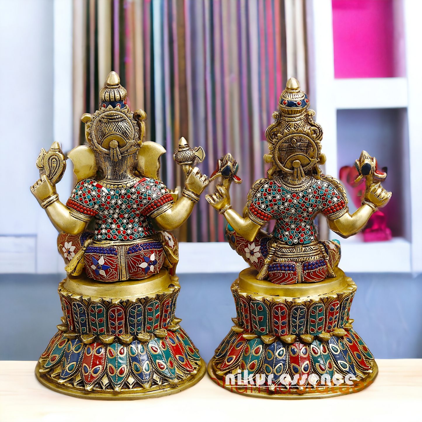 Shop Large Brass Ganesh Maha Lakshmi Sitting with stone work Idol - 14.5 inches Nikuressence