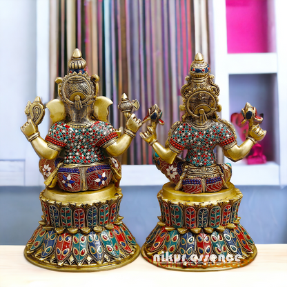 Shop Large Brass Ganesh Maha Lakshmi Sitting with stone work Idol - 14.5 inches Nikuressence
