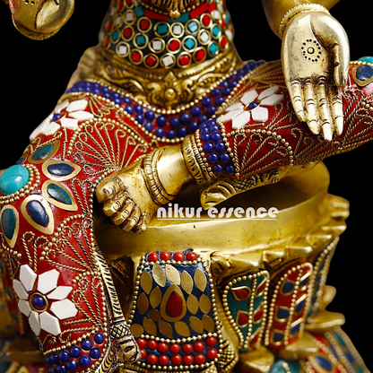 Shop Large Brass Ganesh Maha Lakshmi Sitting with stone work Idol - 14.5 inches Nikuressence