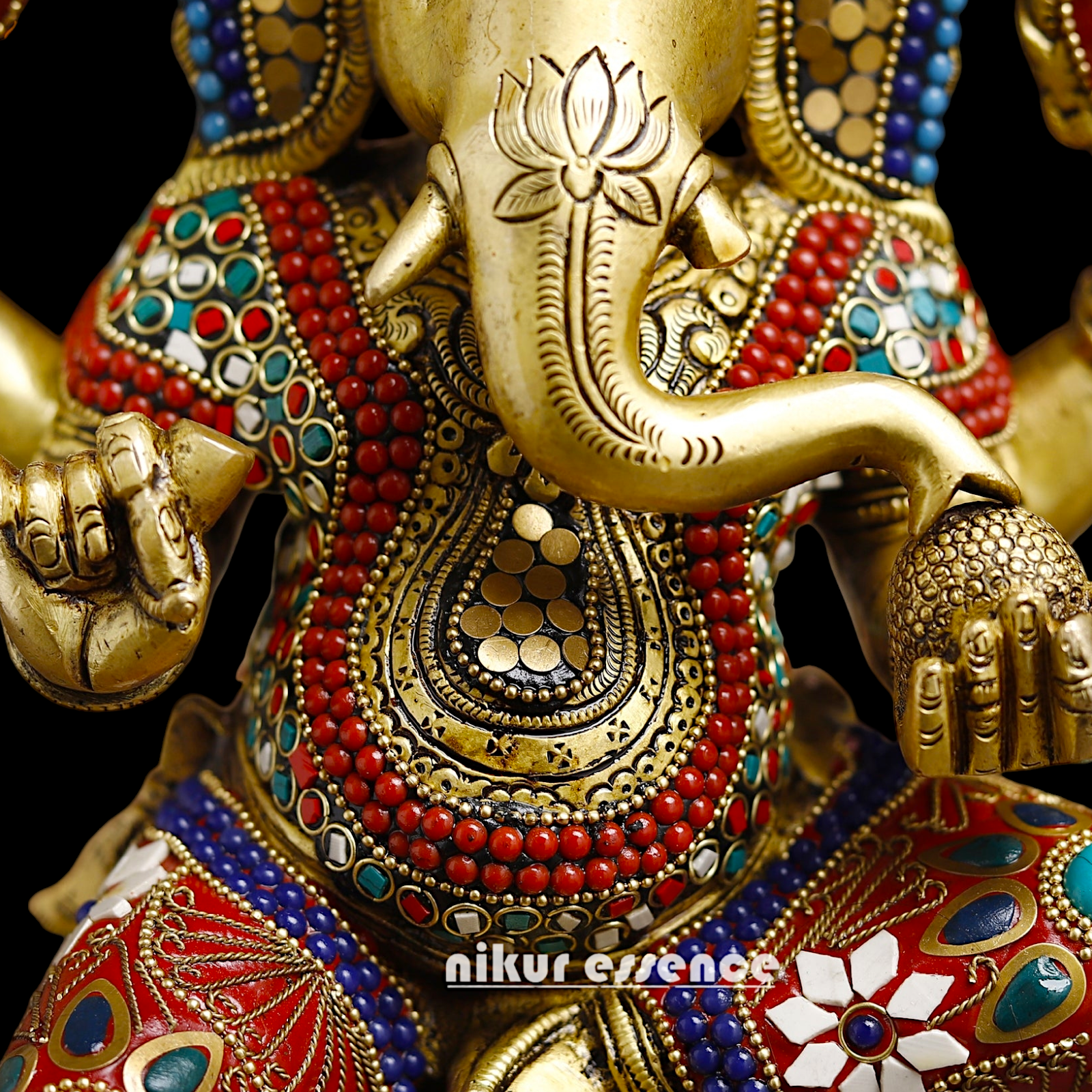 Shop Large Brass Ganesh Maha Lakshmi Sitting with stone work Idol - 14.5 inches Nikuressence