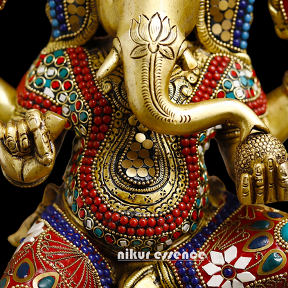 Shop Large Brass Ganesh Maha Lakshmi Sitting with stone work Idol - 14.5 inches Nikuressence