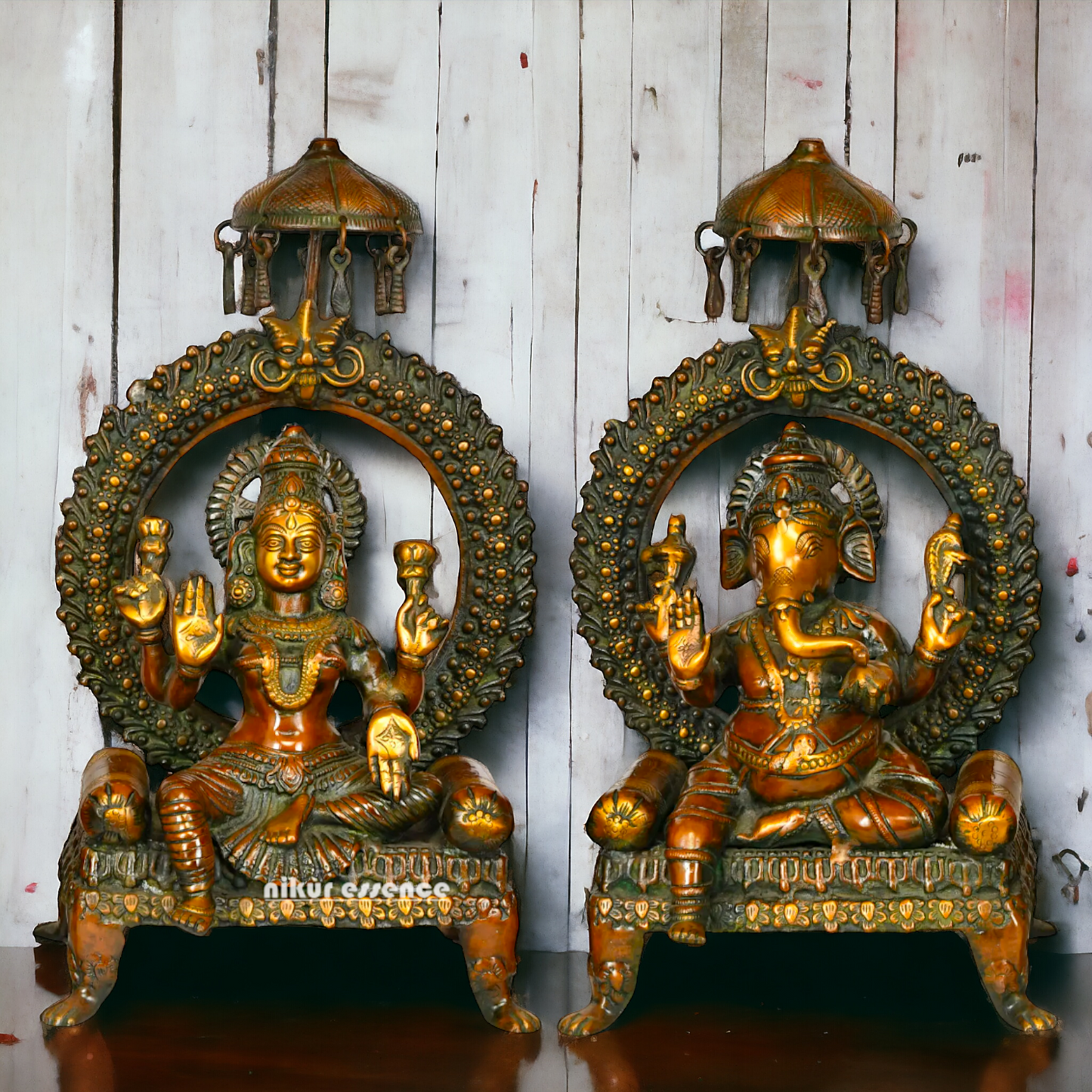 Buy Large Goddess Ganesha Lakshmi Sitting on Singhasan Brass Idol- 17.52 inches Nikuressence
