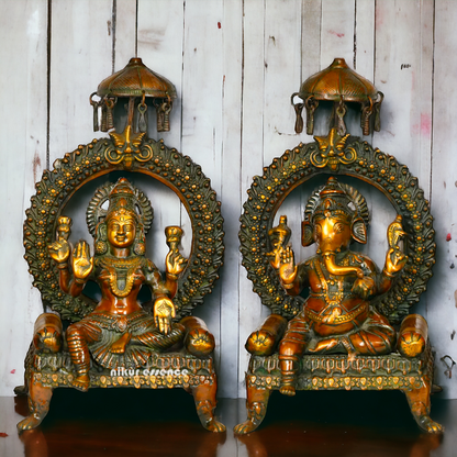 Buy Large Goddess Ganesha Lakshmi Sitting on Singhasan Brass Idol- 17.52 inches Nikuressence