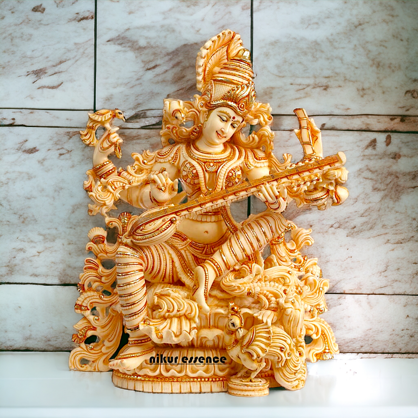 Cultured Marble Saraswati Mata Statue- Goddess of Knowledge Nikuressence