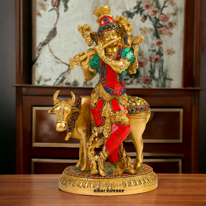 Shop Krishna With Cow Brass Idol Stone work - 9.75 inches Nikuressence