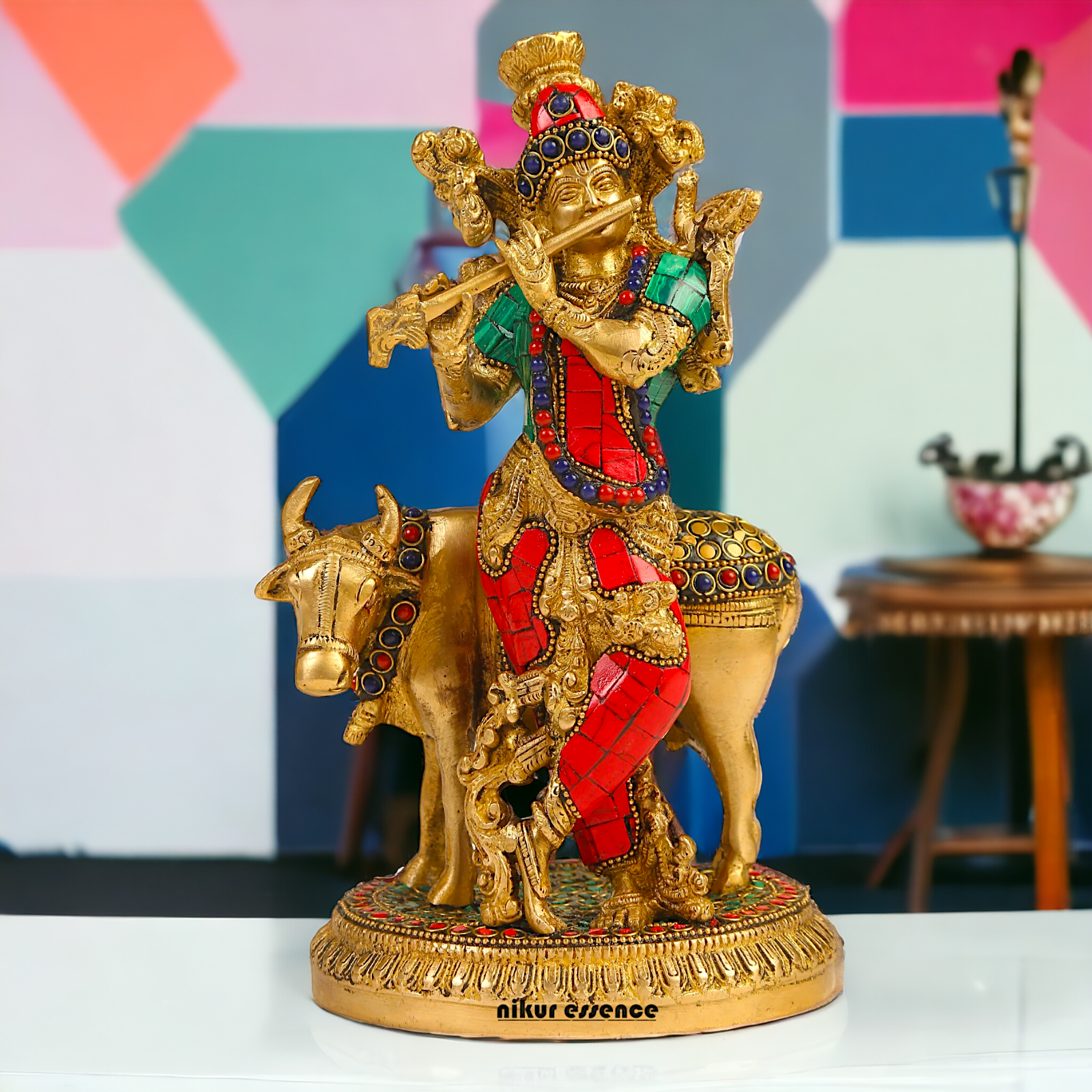 Shop Krishna With Cow Brass Idol Stone work - 9.75 inches Nikuressence