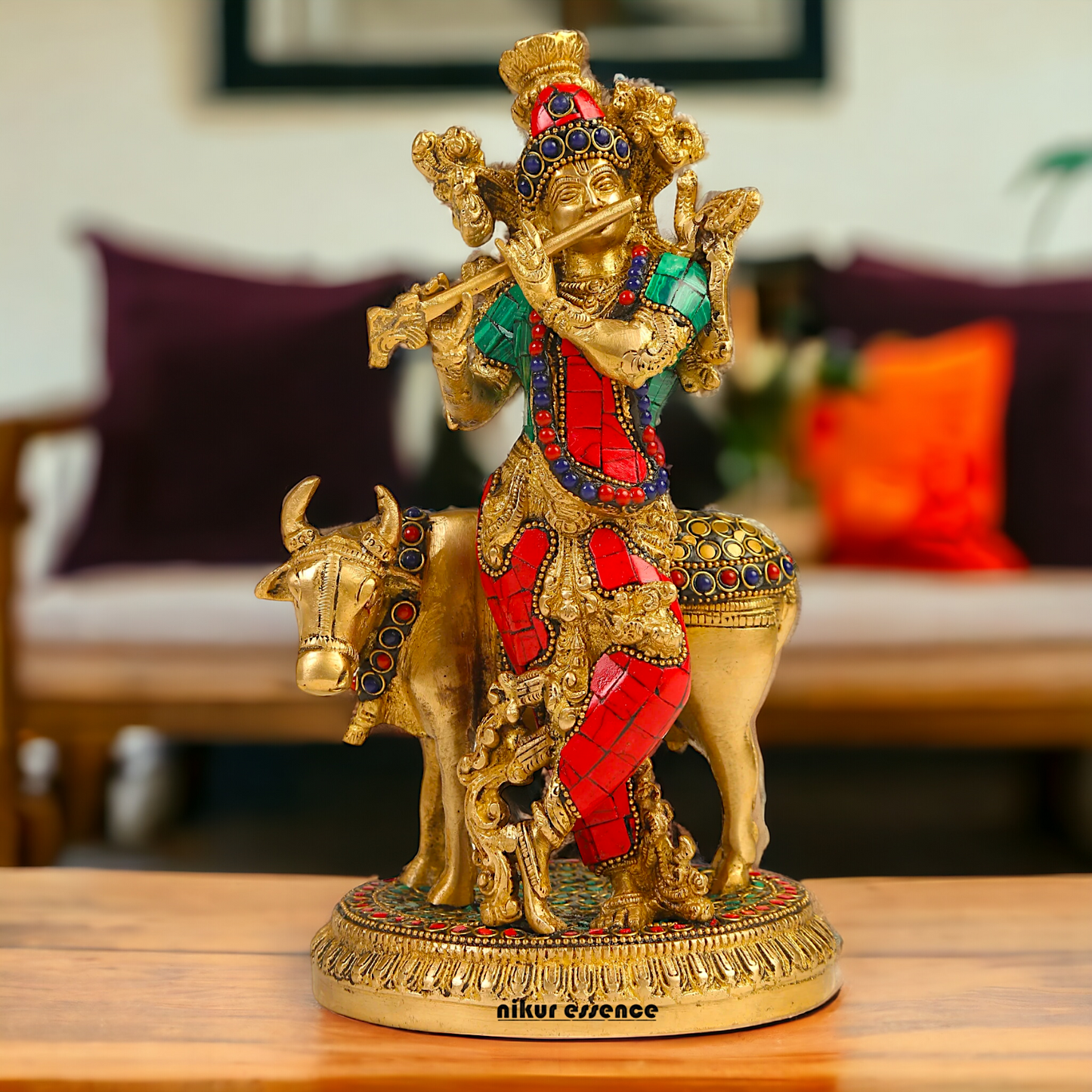 Shop Krishna With Cow Brass Idol Stone work - 9.75 inches Nikuressence
