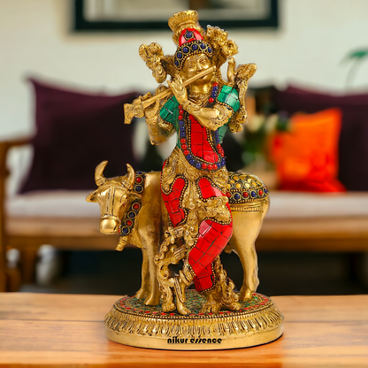 Shop Krishna With Cow Brass Idol Stone work - 9.75 inches Nikuressence
