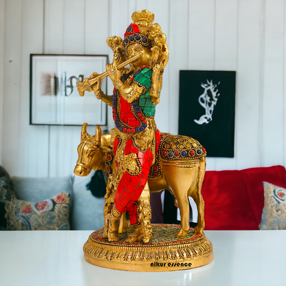 Shop Krishna With Cow Brass Idol Stone work - 9.75 inches Nikuressence