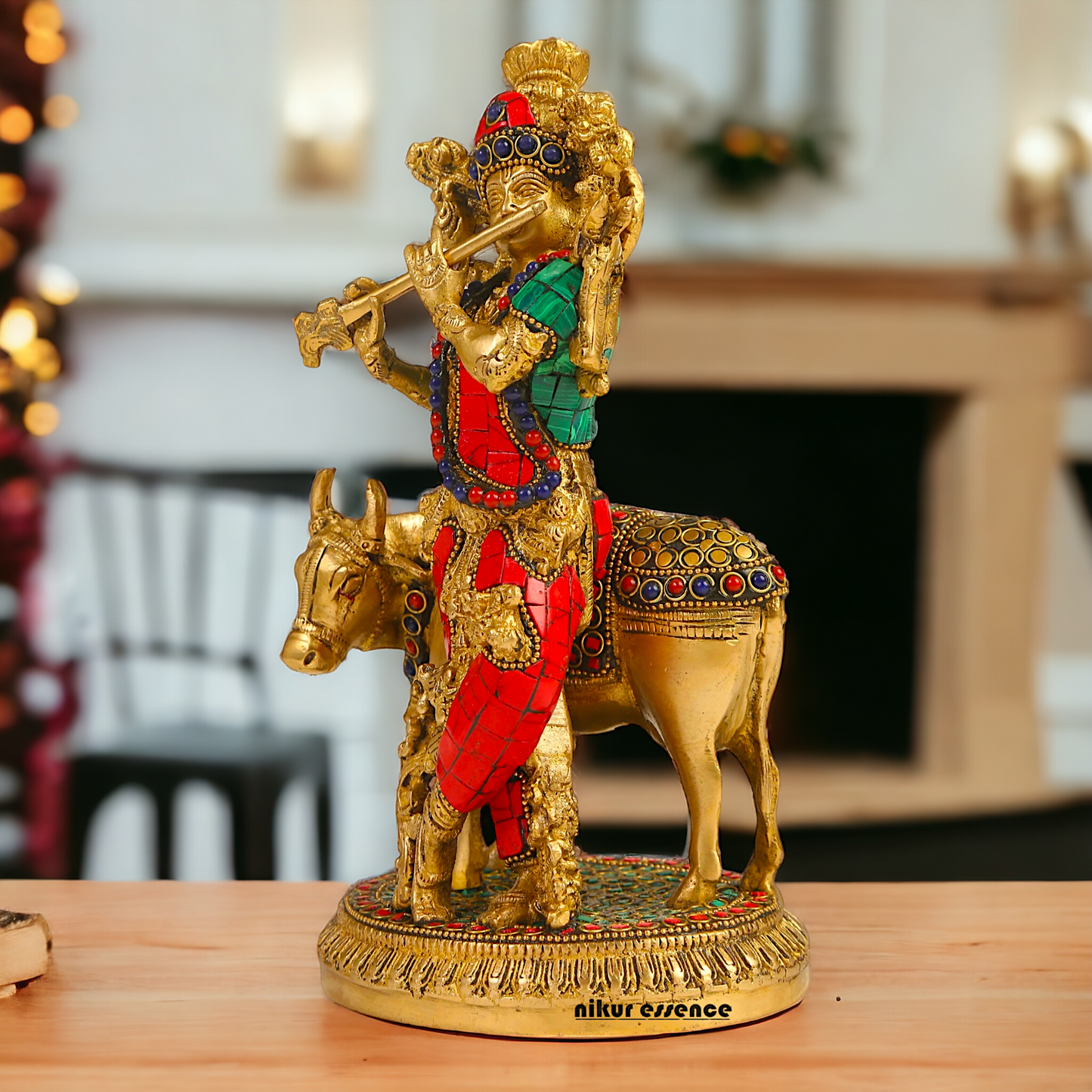 Shop Krishna With Cow Brass Idol Stone work - 9.75 inches Nikuressence