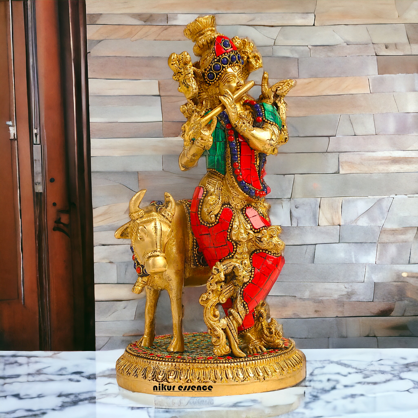 Shop Krishna With Cow Brass Idol Stone work - 9.75 inches Nikuressence