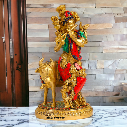 Shop Krishna With Cow Brass Idol Stone work - 9.75 inches Nikuressence