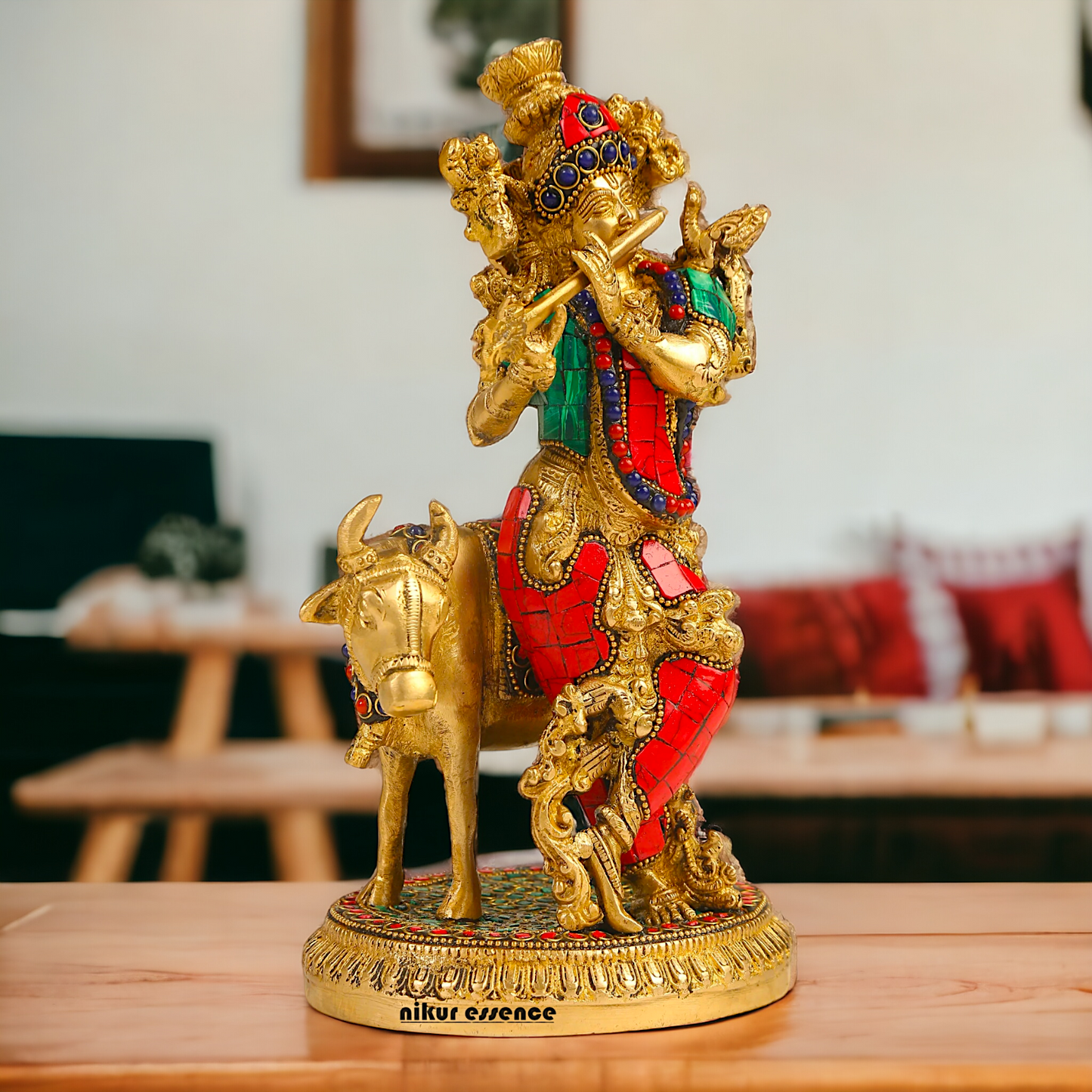 Shop Krishna With Cow Brass Idol Stone work - 9.75 inches Nikuressence