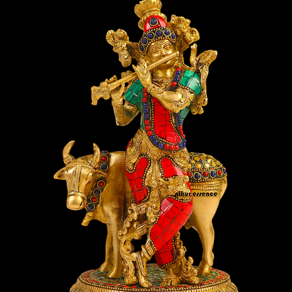 Shop Krishna With Cow Brass Idol Stone work - 9.75 inches Nikuressence