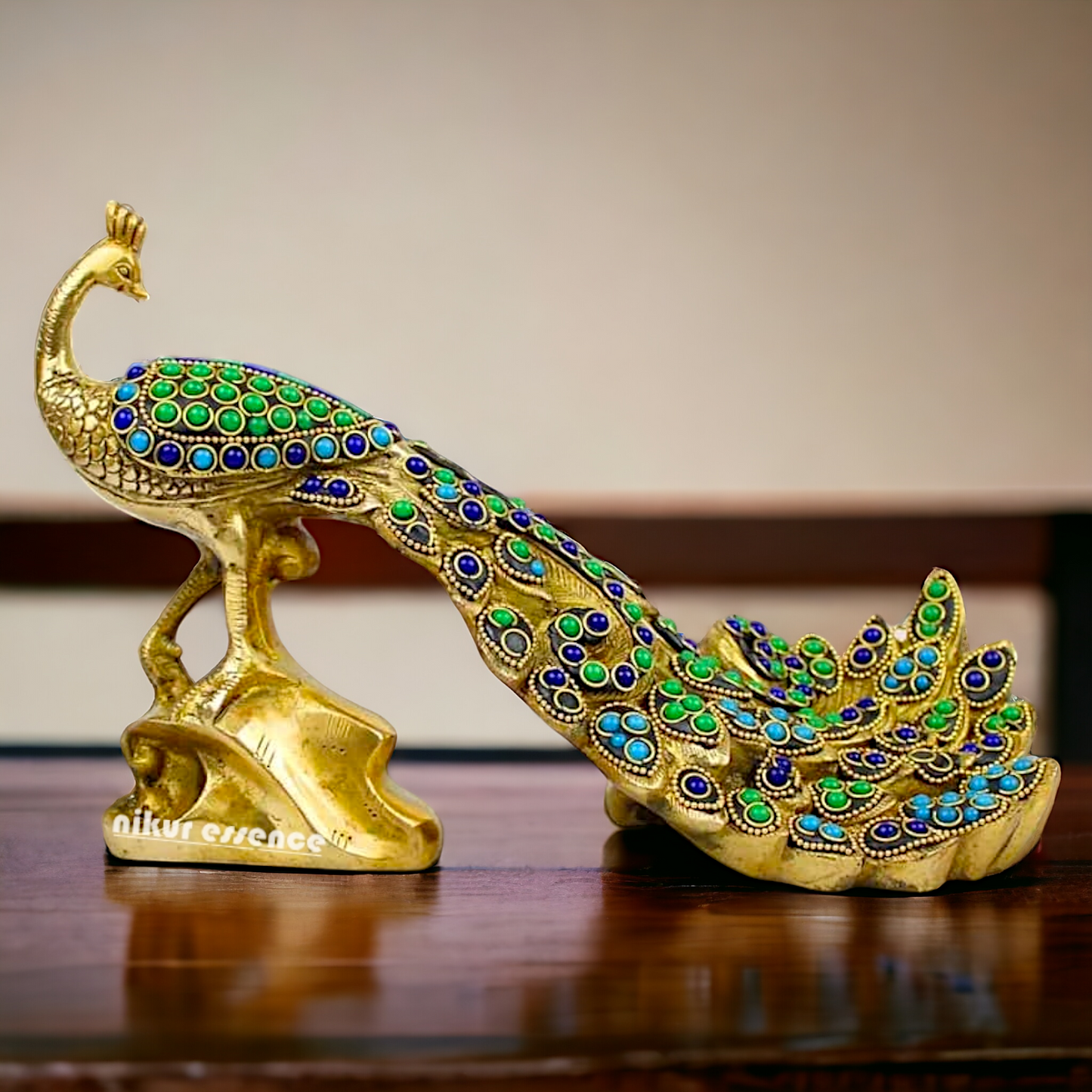Brass Peacock Idol with Stone work - 12 inch Nikuressence